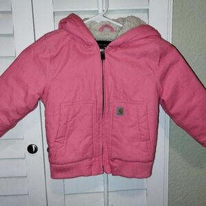 Carhartt Girls PINK 🩷 Faux Fleece Lined Cotton Canvas Jacket Coat with Hood! 3T